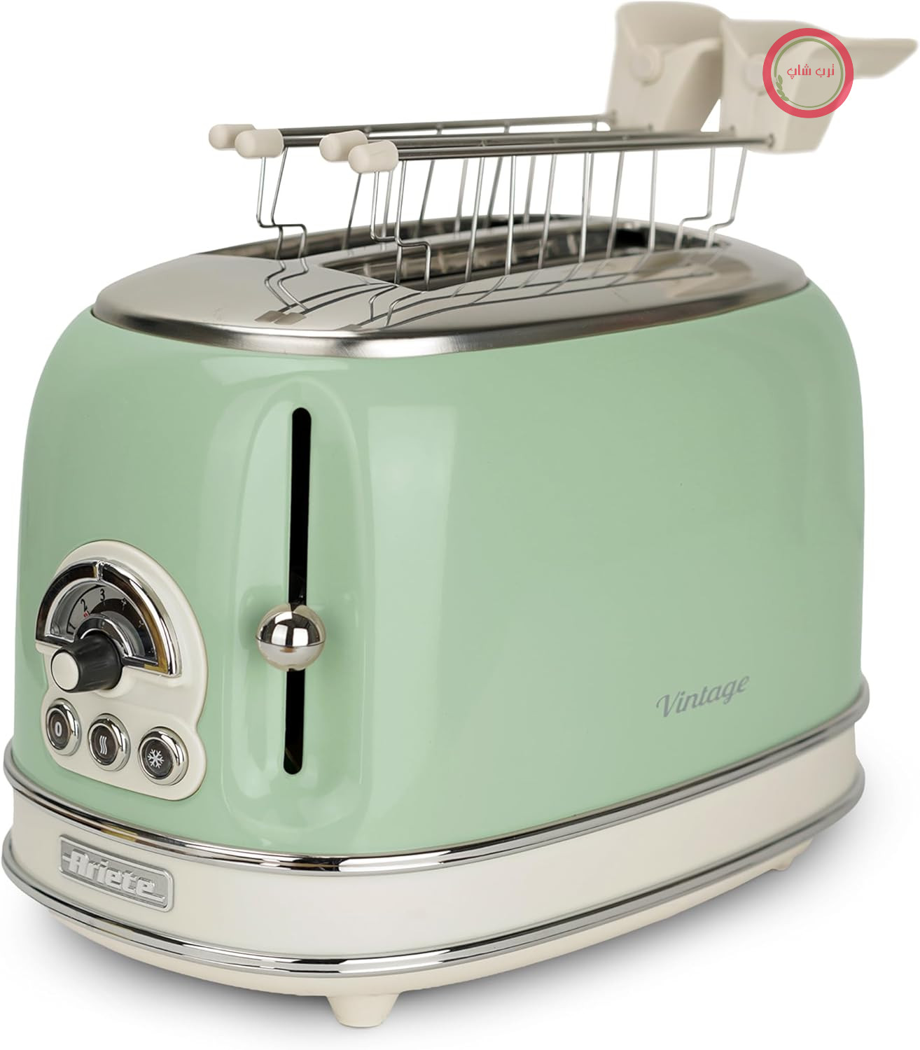 توستر Ariete Vintage 155، دو تکه، توستر رترو با 6 سطح تست، تخلیه خودکار، عملکرد یخ‌زدایی، سینی خرده نان قابل جدا شدن، محفظه استیل ضد زنگ، با انبر ساندویچ، 810 وات، سبز