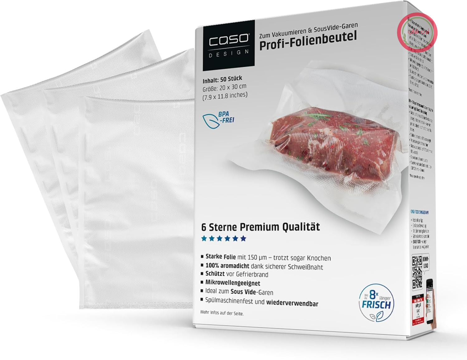 پلاستیک وکیوم کاسو آلمان CASO 6 Star، 20 × 30 سانتی‌متر، 50 کیسه، کیسه‌های درزگیر وکیوم