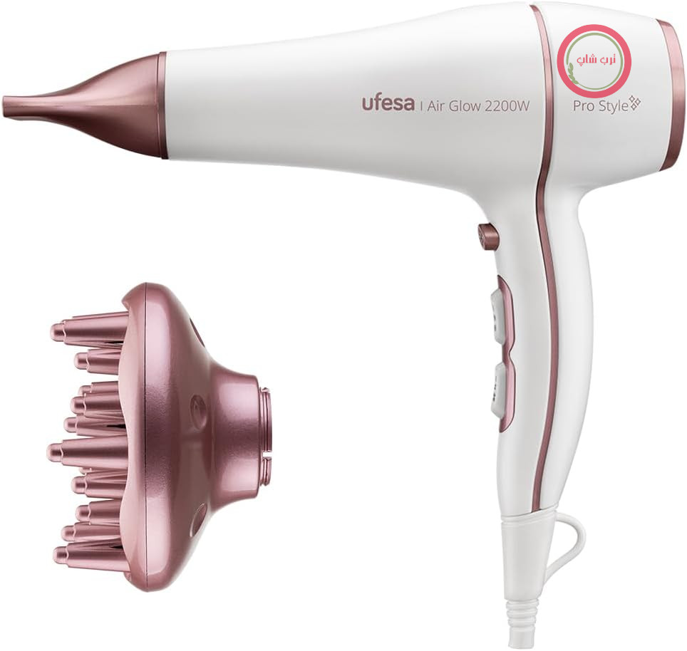 سشوار حرفه‌ای یوفسا اسپانیا Ufesa Air Glow، 2200 وات، موتور AC، وز مو را از بین می‌برد، شامل پخش‌کننده و متمرکزکننده، 2 سرعت، 3 دما، کول شات، سفید/صورتی
