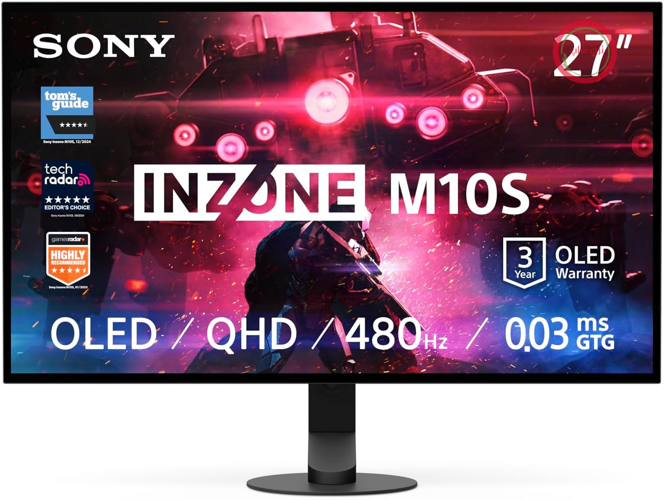 مانیتور بازی کامپیوتری سونی INZONE M10S با اندازه ۲۷ اینچ و وضوح تصویر OLED QHD: وضوح تصویر ۱۴۴۰p، نرخ نوسازی ۴۸۰ هرتز، زمان تاخیر ۰.۰۳ میلی‌ثانیه، پشتیبانی از DCI-P3 با نرخ نوسازی ۹۸.۵ درصد