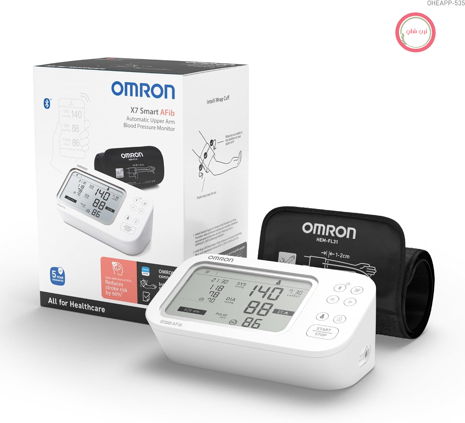 فشارسنج بازویی امرون ژاپن هوشمند OMRON X7 مدل AFib با اپلیکیشن، 2 کاربر، 22-42 سانتی‌متر | غربالگری فیبریلاسیون دهلیزی با هر بار اندازه‌گیری فشار خون | دارای اعتبار بالینی | تایید شده توسط اتحادیه فشار خون آلمان
