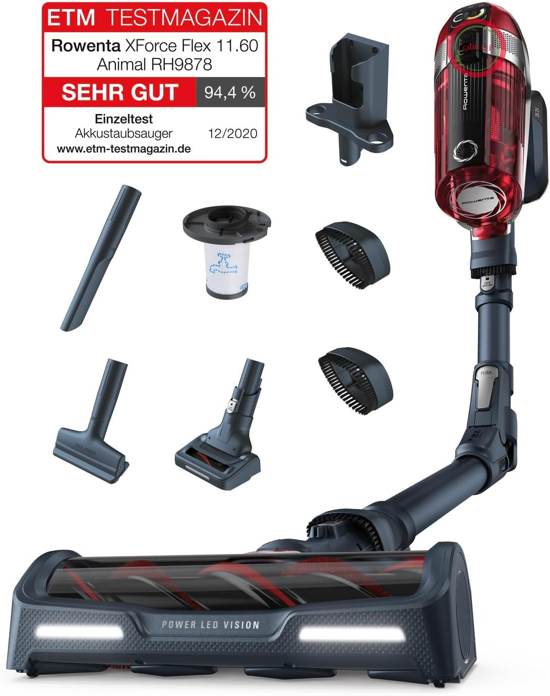جارو شارژی روونتا آلمان بی‌سیم Rowenta X-Force Flex 11.60، مخصوص مراقبت از حیوانات خانگی، قدرت مکش ۱۳۰ وات، باتری قابل تعویض ۲۵.۲ ولت، زمان کارکرد تا ۴۵ دقیقه، نشانگر کنترل، فناوری، چراغ LED، قرمز-خاکستری، RH9878WO