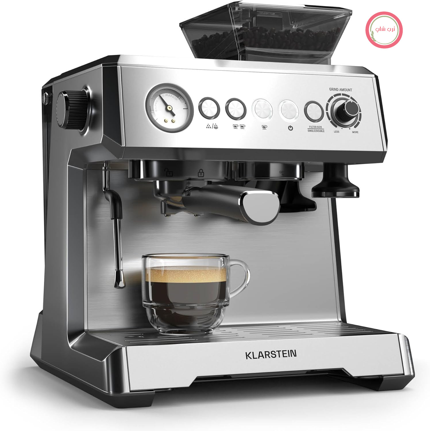 دستگاه اسپرسوساز Klarstein GrandPresso با آسیاب – 20 بار، 1350 وات، آسیاب دقیق یکپارچه، نازل بخار، مخزن آب 2.3 لیتری، گرمکن فنجان
