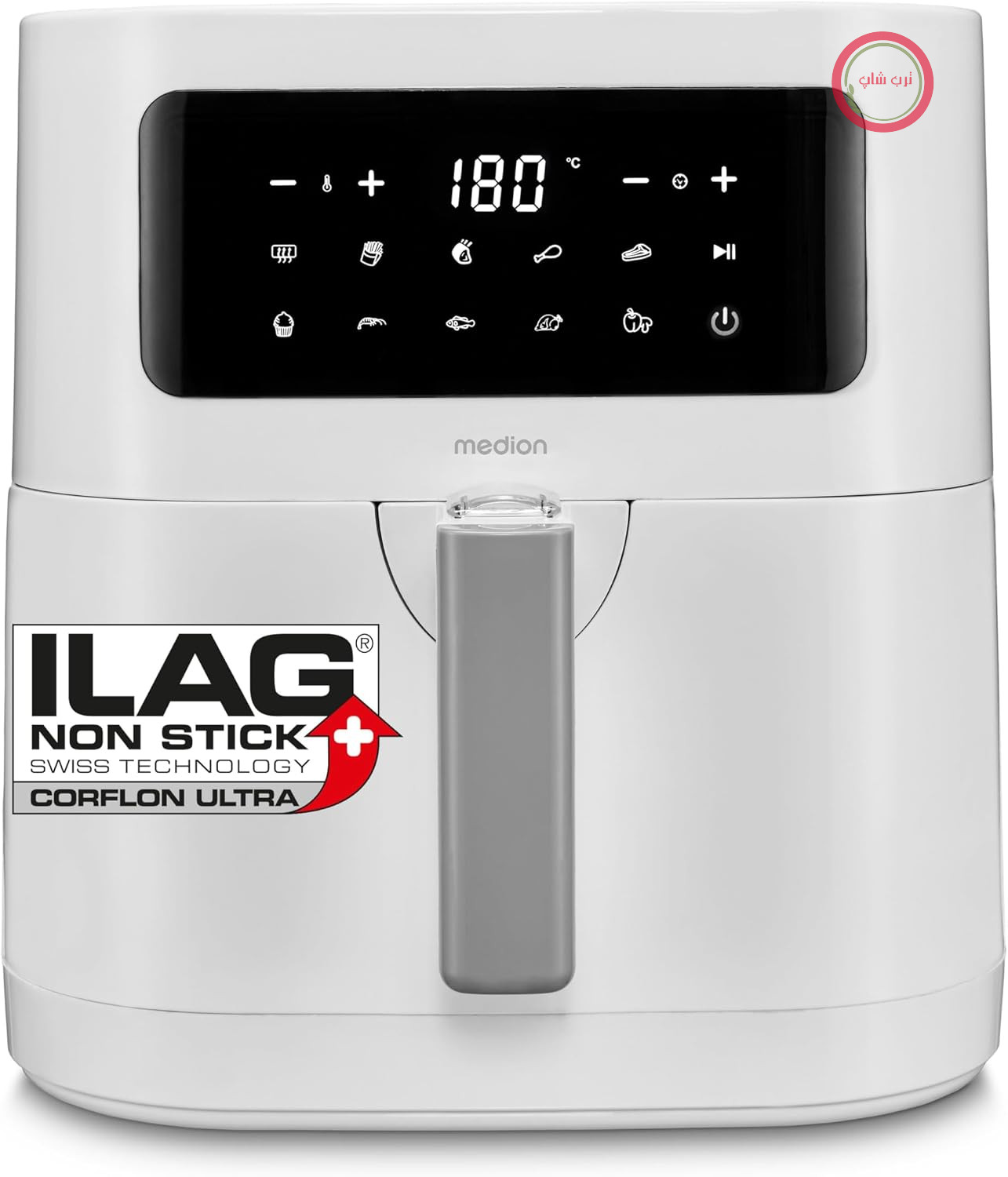 سرخ کن هوای گرم MEDION E40 XL MD11740 (5.2 لیتر، هواپز، 2150 وات، 9 برنامه اتوماتیک، عملکرد پخت، سرخ کردن بدون روغن، صفحه کنترل لمسی، صفحه نمایش LED) سفید