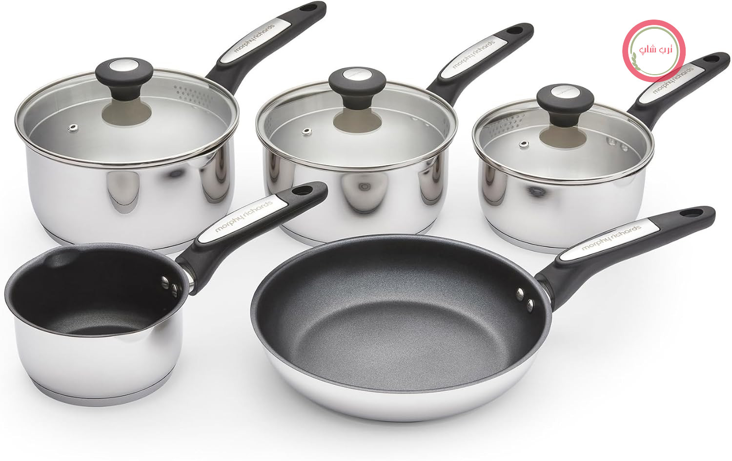 سرویس ماهیتابه مورفی ریچاردز انگلستان Morphy Richards ۸۵۹۵۰۵، استیل ضد زنگ، دهانه دوتایی، قابلمه شیر ۱۴ سانتی‌متری، قابلمه‌های ۱۶، ۱۸ و ۲۰ سانتی‌متری، پوشش سرامیکی نچسب، درب‌های شیشه‌ای حرارت دیده، جنس نرم، مناسب برای