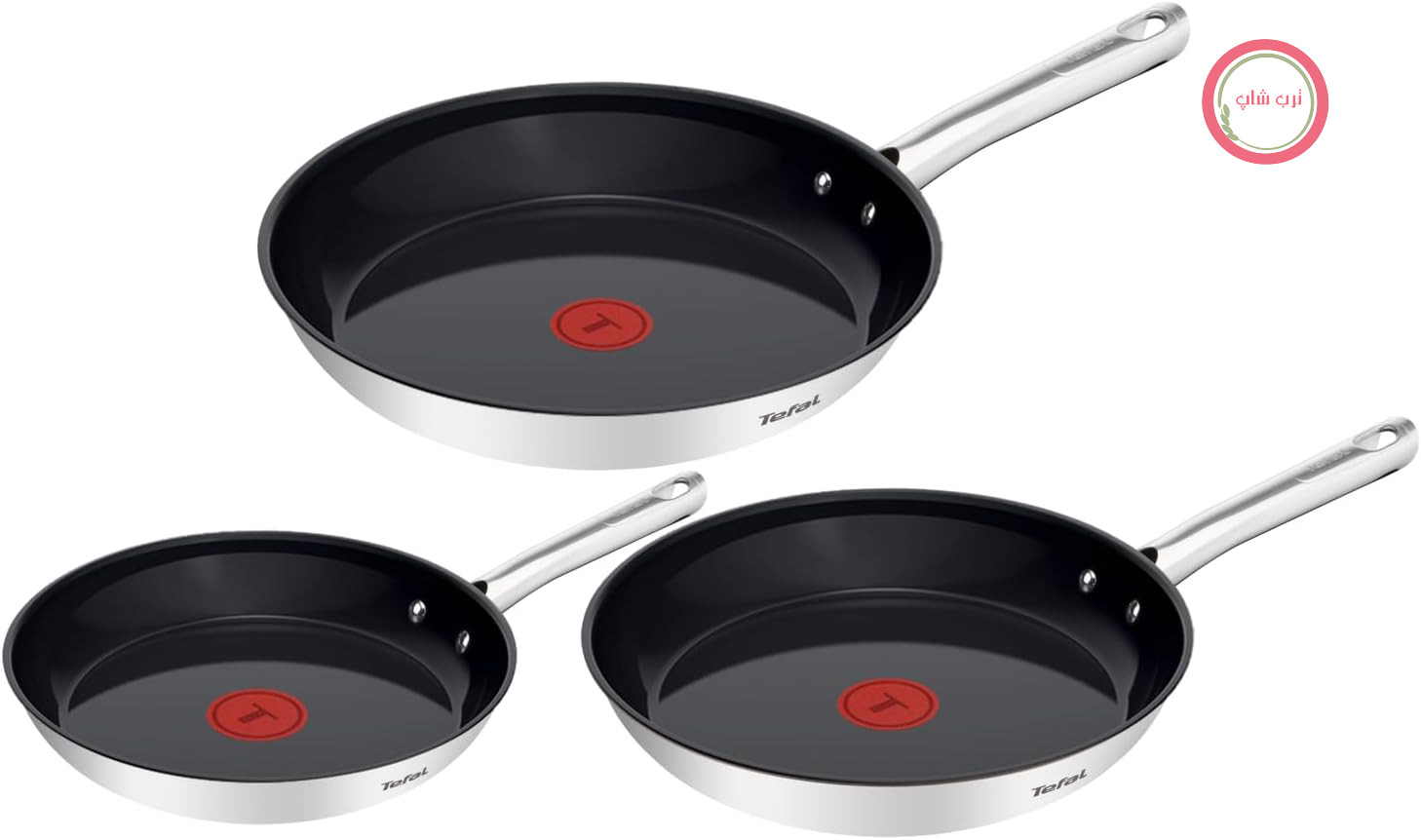سرویس ماهیتابه Tefal Duetto On، 3 تکه، 20/24/28 سانتی‌متر، روکش نچسب سرامیکی Go Ceram، ترمو-سیگنال، دسته پرچ شده، مناسب برای انواع اجاق گاز، استیل ضد زنگ، G766S334