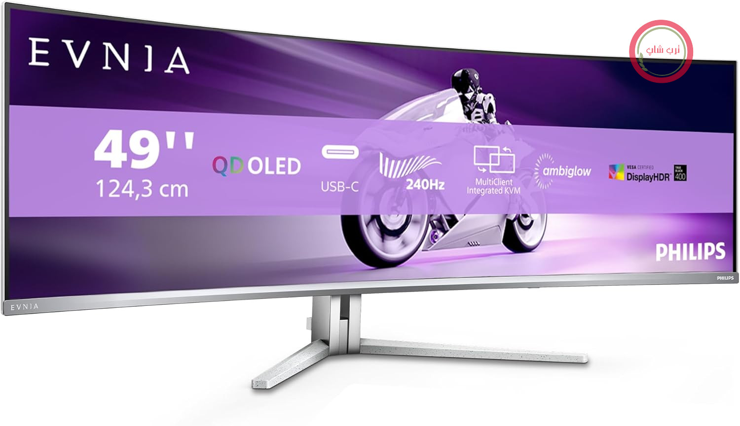 مانیتور بازی منحنی OLED فیلیپس Evnia 49M2C8900AM با کیفیت 49 اینچ و فناوری Zoll DQHD، فرکانس 240 هرتز، زمان پاسخگویی 0.03 میلی‌ثانیه، HDR400، فناوری Ambiglow (با وضوح 5120x1440، HDMI 2.1، DisplayPort 1.4، USB-C، هاب USB) ساخت شرکت Weiss
