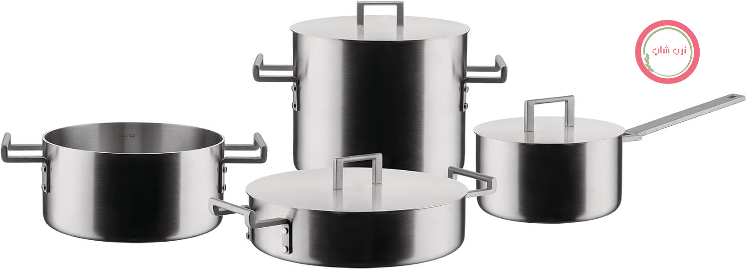 سرویس قابلمه طرح‌دار Alessi Convivio DC100S7، دسته‌های استیل ضد زنگ 18/10 با روکش PVD، مات