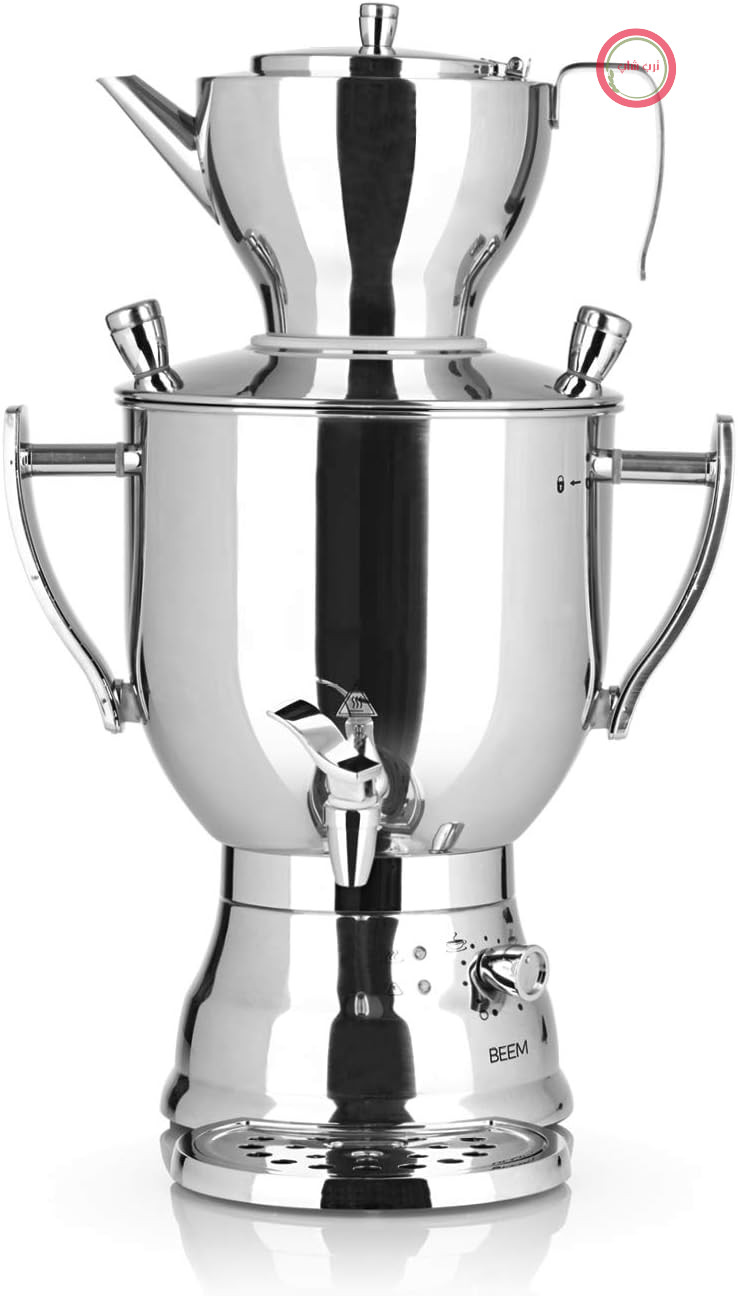 سماور BEEM 3006C 6 لیتری 2500 وات استیل ضد زنگ/کروم – محافظ در برابر گرمای بیش از حد، 2 المنت حرارتی جداگانه، قوری 1.5 لیتری با صافی چای