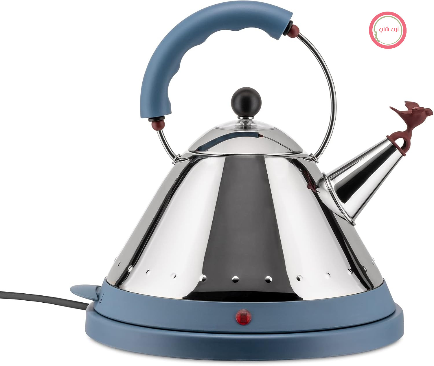 کتری برقی بی‌سیم Alessi از جنس استیل ضد زنگ با دسته و درب PA، آبی روشن
