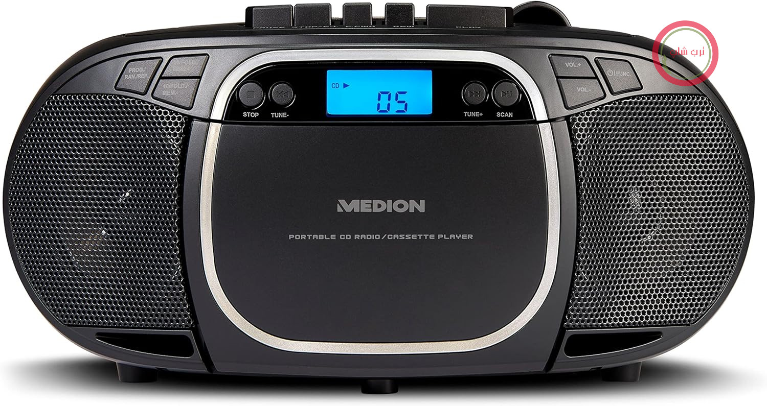 سیستم صوتی استریو MEDION E66476 (بوم باکس، پخش کننده سی دی، MP3، کاست، پخش کننده کاست قابل حمل برای کودکان، رادیو FM، AUX، هدفون، برق و باتری) مشکی