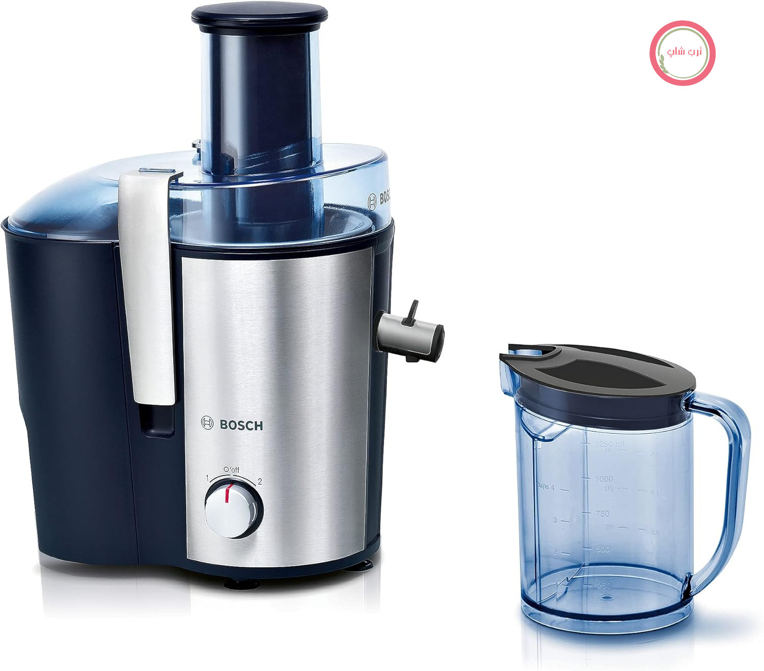 آبمیوه‌گیری برقی Bosch VitaJuice 3 MES3500 برای میوه‌ها و سبزیجات، دهانه بزرگ، مخزن آبمیوه ۱.۲۵ لیتری، سرعت‌های مختلف، قابل شستشو در ماشین ظرفشویی، ۷۰۰ وات، آبی/نقره‌ای، استیل ضد زنگ