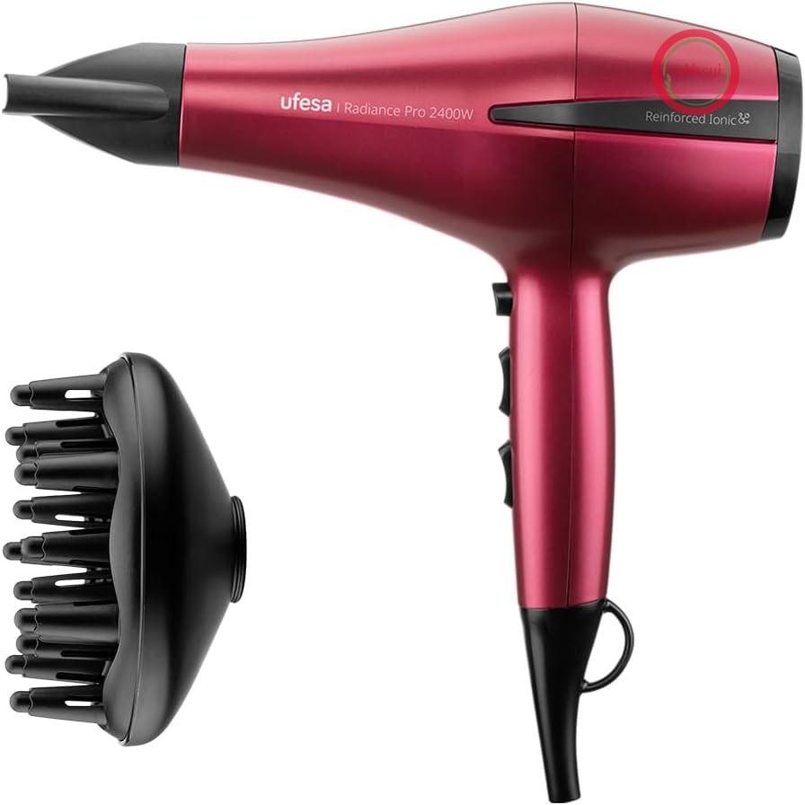 سشوار حرفه‌ای یوفسا اسپانیا Ufesa Radiance Pro، 2400 وات، موتور AC، فناوری یونی، فرها را از بین می‌برد، شامل پخش‌کننده و متمرکزکننده، 2 سرعت، 3 دما، کول شات، قرمز