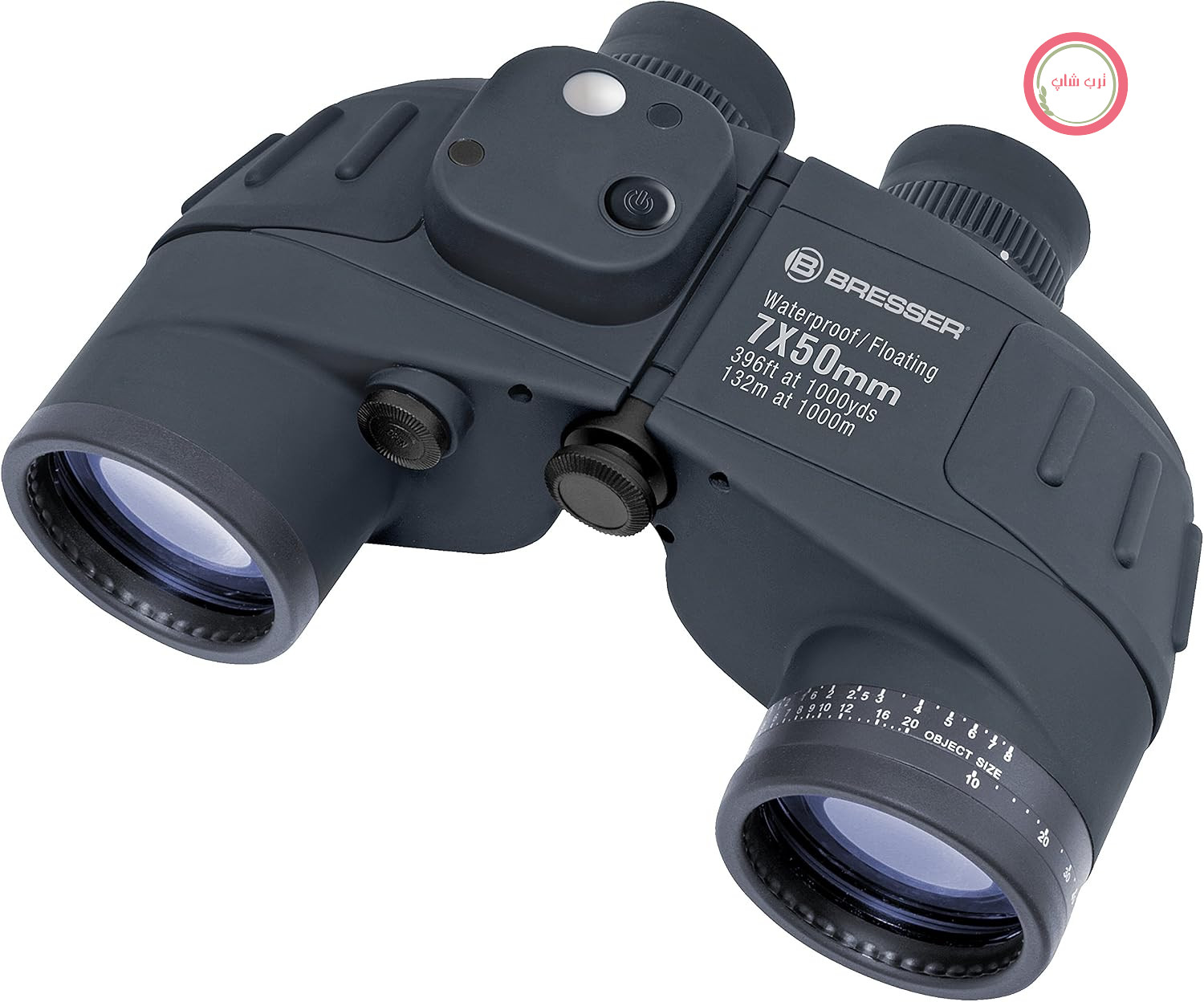 دوربین دوچشمی ضد آب Bresser Nautic 7x50 با قطب‌نمای 360 درجه، رتیکل برای محاسبه فاصله و اندازه، پر شده با نیتروژن، شامل کیف حمل، درپوش گرد و غبار و بند حمل
