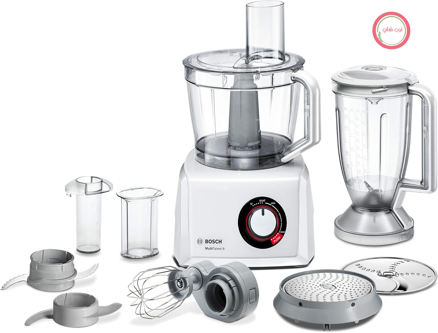 غذاساز جمع و جور Bosch MultiTalent 8، کاسه مخلوط کن XXL 3.9 لیتری، مخلوط کن 1.5 لیتری، تیغه جهانی، دیسک رنده، دیسک برش/خرد کردن دو طرفه، دیسک پنکیک سیب زمینی، 1000 وات، کوچک، سفید، MC812W501