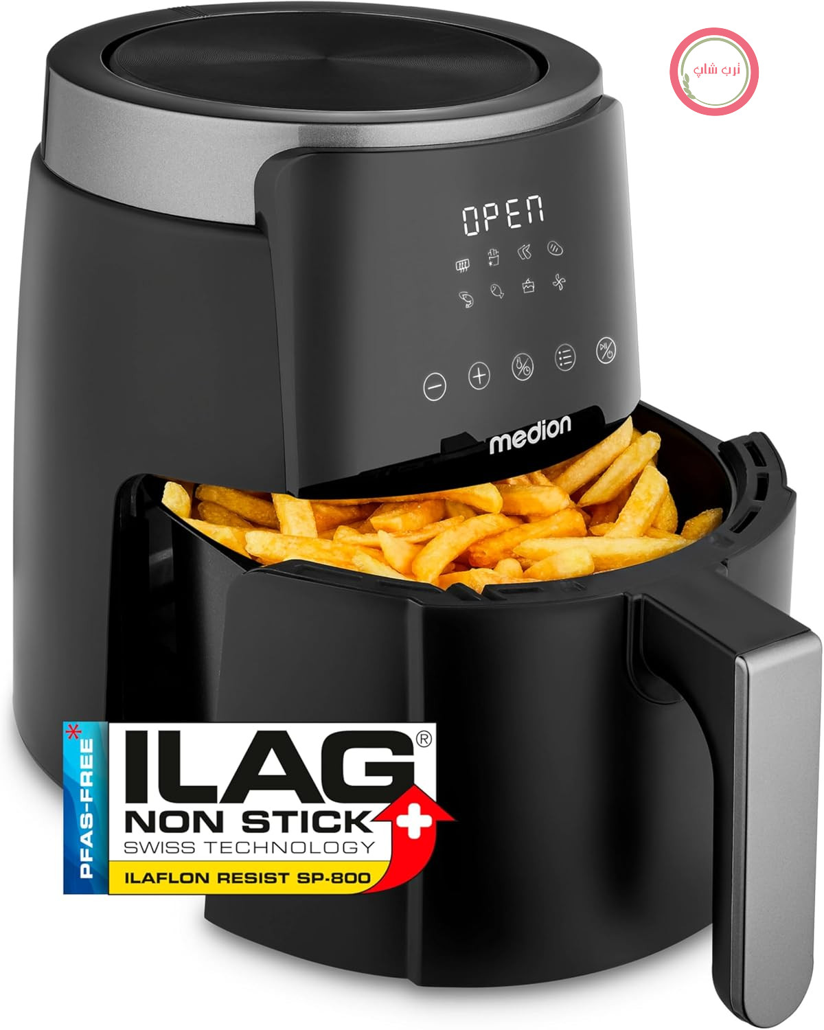 سرخ کن هوای گرم MEDION P40 L (4.7 لیتر، هواپز، 1500 وات، کارکرد آسان، سرخ کردن بدون روغن، تایمر 60 دقیقه‌ای، تا 200 درجه سانتیگراد، پوشش نچسب، MD13030) مشکی