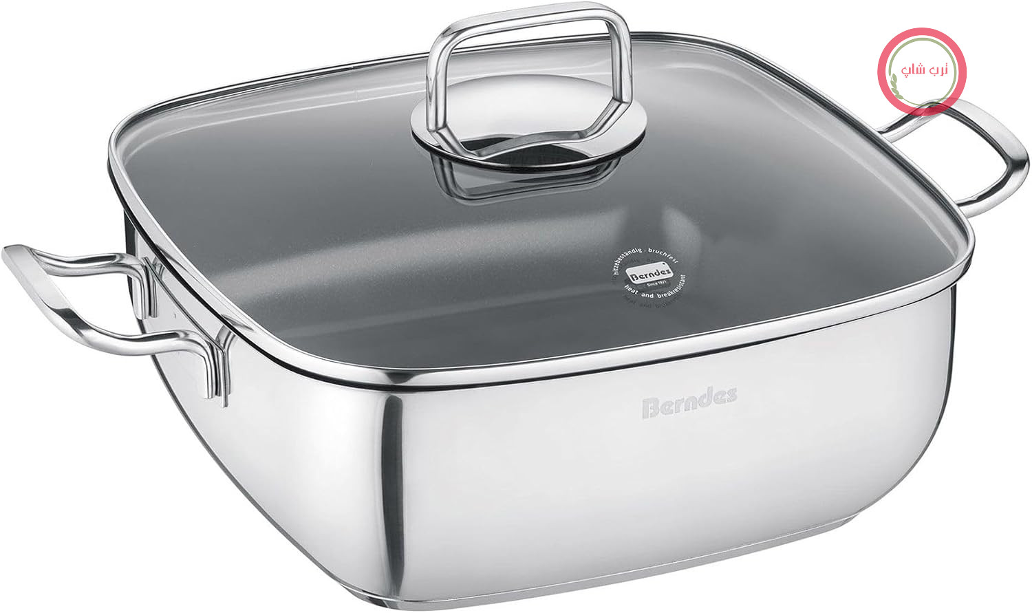 ماهیتابه برندس آلمان BERNDES Quadro، استیل ضد زنگ 28 × 28 سانتی‌متر، روکش نچسب، دسته‌های ارگونومیک، با درب شیشه‌ای، مناسب برای انواع اجاق گاز