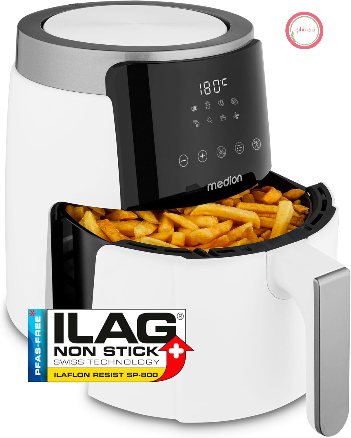 سرخ کن هوای گرم MEDION P40 L (4.7 لیتر، سرخ کن بدون روغن، 1500 وات، کارکرد آسان، سرخ کردن بدون روغن، تایمر 60 دقیقه ای، تا 200 درجه سانتیگراد، پوشش نچسب، MD13030) سفید