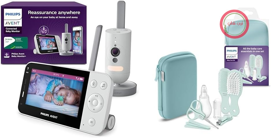 مجموعه AVENT شامل تلفن تصویری فیلیپس مدل Connected با قابلیت اتصال به شبکه بی‌سیم (WLAN)، دید در شب مادون قرمز و تشخیص گریه SCD951/26 + مجموعه لوازم مراقبت از کودک فیلیپس با 9 قطعه جانبی (مدل SCH401/00)