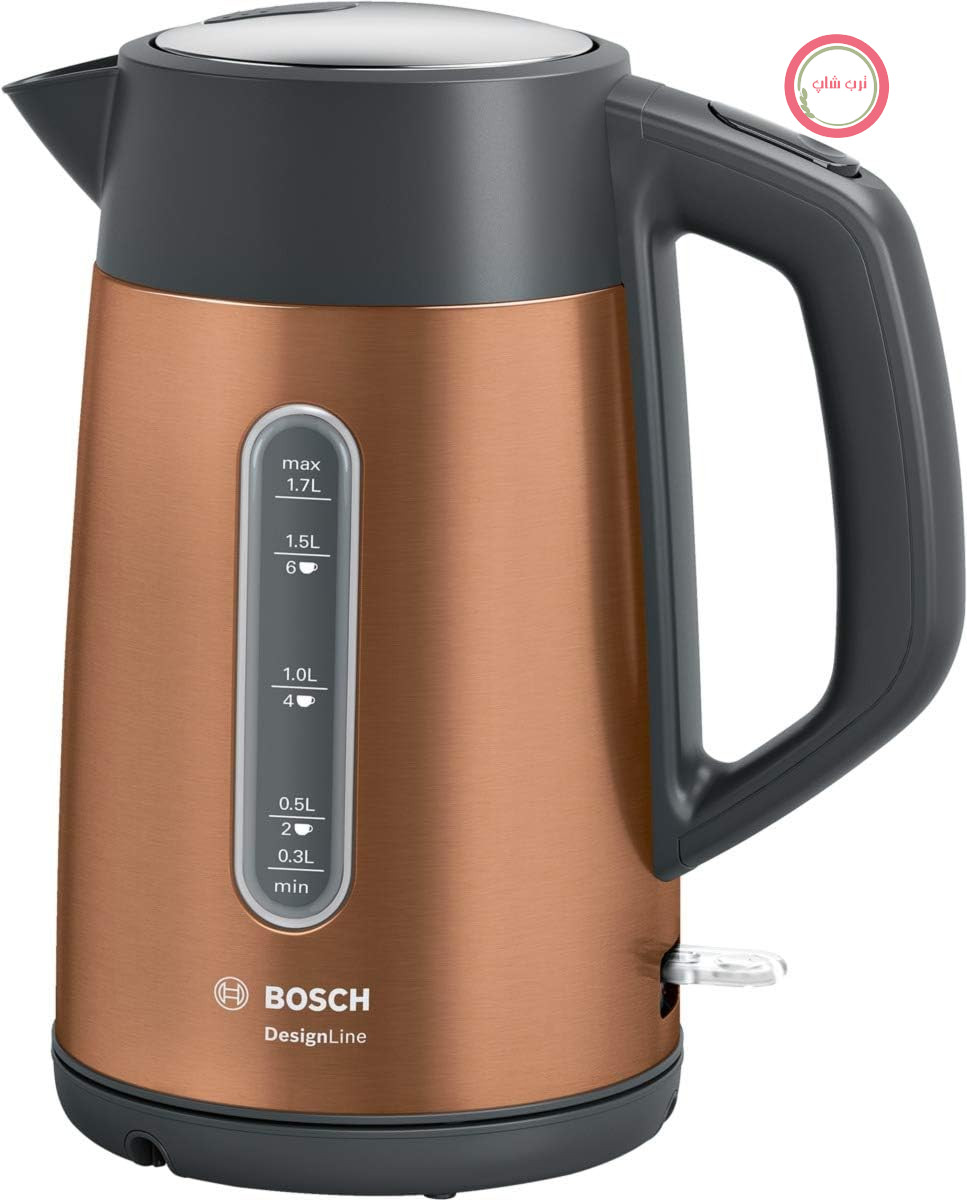 کتری بی‌سیم Bosch DesignLine TWK4P439، بدون پاشش آب، نشانگر فنجان، نشانگر سطح آب در دو طرف، محافظت در برابر گرمای بیش از حد، 1.7 لیتر، 2400 وات، مسی