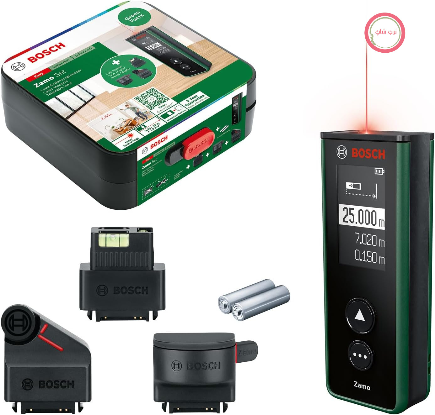 متر لیزری بوش آلمان Bosch مدل زامو نسل چهارم با ۳ آداپتور (اندازه‌گیری آسان و دقیق تا ۲۵ متر