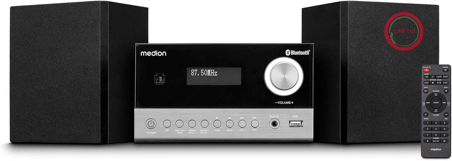سیستم صوتی میکرو MEDION E64088 کامپکت (DAB+، پخش کننده سی دی، رادیو FM PLL، بلوتوث، پورت USB، تایمر خواب، MP3، صفحه نمایش LCD با نمایش 12/24 ساعته)
